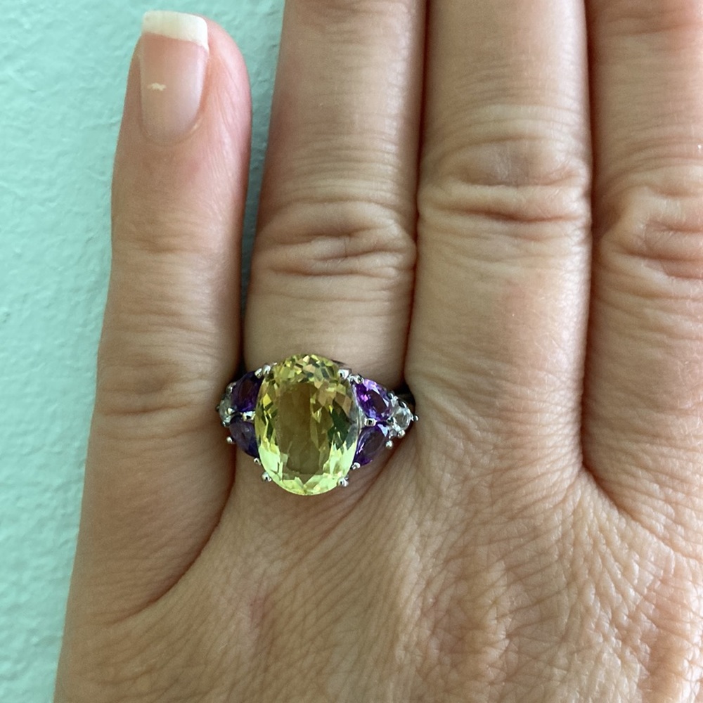 Stunning Lemon Citrine, Amethyst, and White Topaz Sterling Silver Ring
